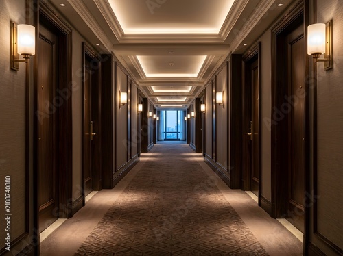 Elegant empty luxury hotel corridor with modern wall sconces and plush carpeting.