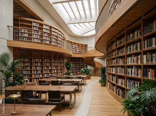 Modern library with wooden tables and towering bookshelves under skylight lighting.