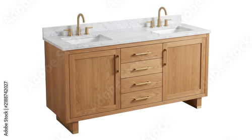 Wooden double bathroom vanity with marble top and gold hardware isolated on transparent background on transparent background