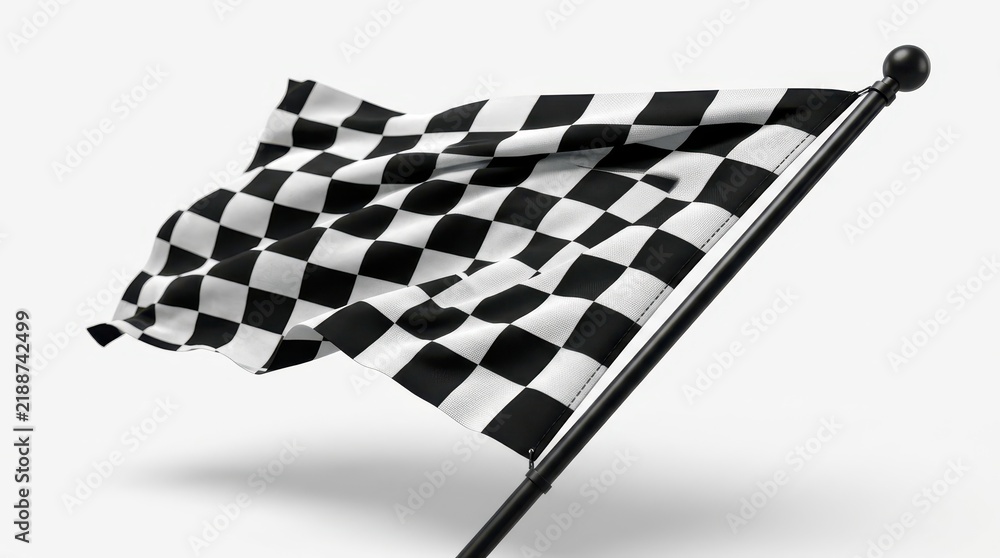 Obraz premium Realistic 3D Waving Checkered Flag on Black Pole Isolated on White. Racing Finish Line Symbol for Competition and Success.