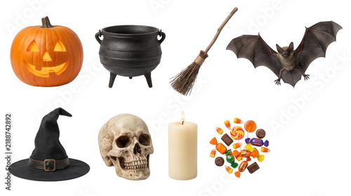 Set of various halloween themed items including a jackolantern, cauldron, broom, bat, witch hat, skull, candle, and candy isolated on transparent background on transparent background
