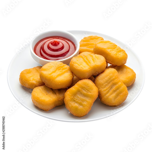 Crispy fried chicken nuggets served with red ketchup on a plate
