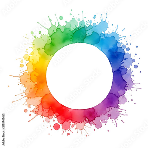 Colorful watercolor paint splash circle frame on white surface