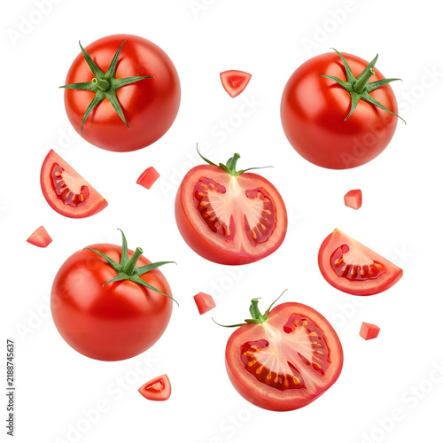 Fresh red tomatoes and tomato slices isolated on white background