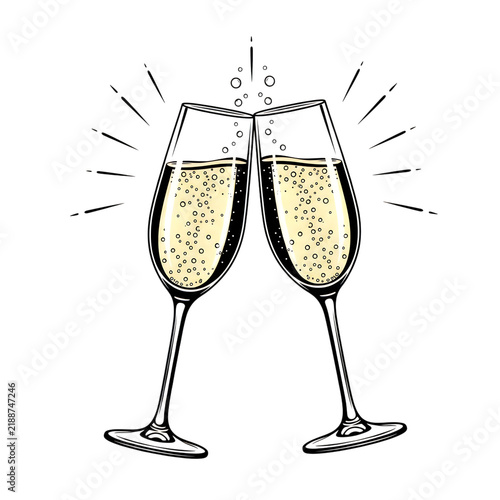 Two champagne glasses clinking together for a celebration toast