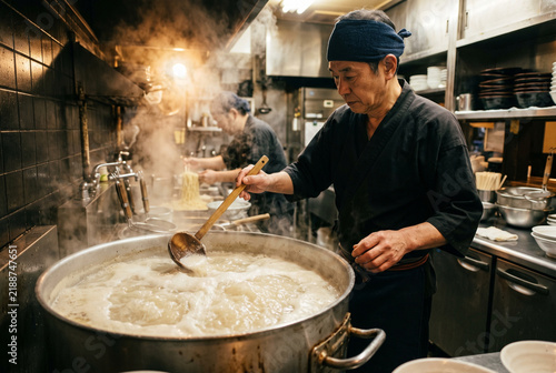 Japanese master chef stirring boiling rich tonkotsu broth in large pot inside traditional ramen kitchen
