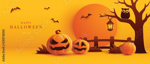 Paper Graphic Style Halloween Theme Banner with Group of Jack O Lantern