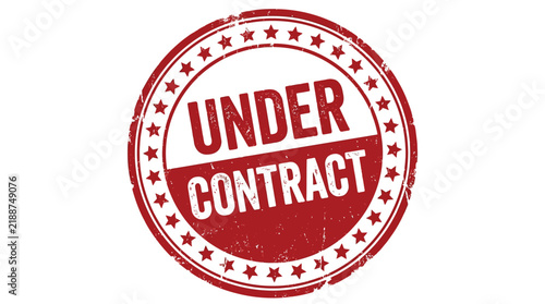 Red textured rubber stamp with stars indicating under contract status for official business legal agreements today