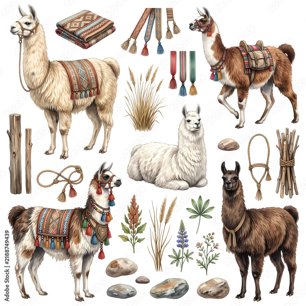 Fototapeta premium Andean Llama and Alpaca Watercolor Clip Art Set with Woven Blanket Tassels and Rope
