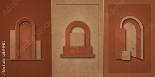 Terracotta colored geometric arches and rectangles on a textured earthy background, triptych