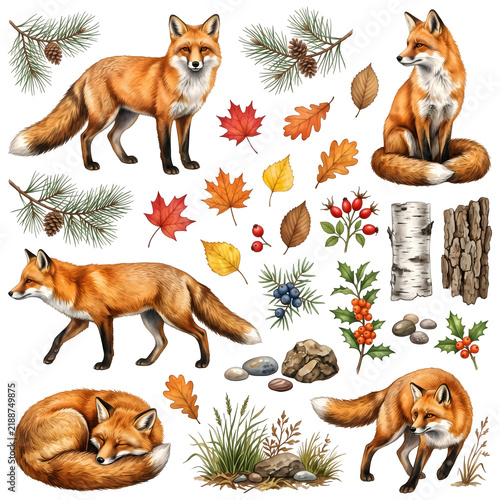 Red Fox Wildlife Watercolor Clip Art Set with Autumn Leaves Pine Cones and Berries