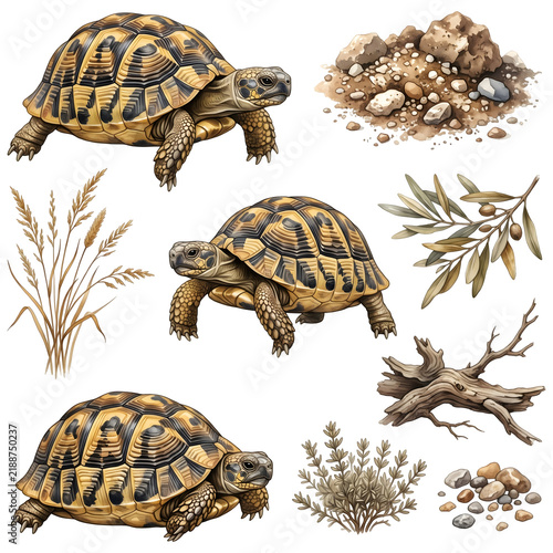 Land Tortoise Reptile Watercolor Clip Art Set with Olive Branch Rocks and Dry Bush