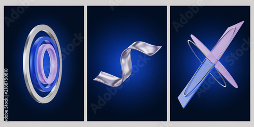 Three abstract 3D renderings featuring metallic rings and floating shapes on dark blue
