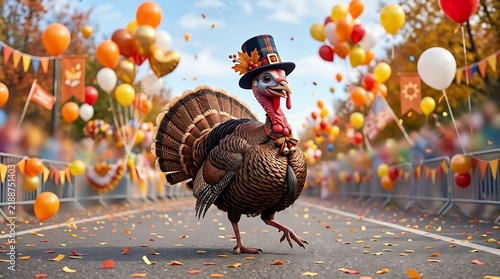 Funny thanksgiving turkey wearing a pilgrim hat walking on a street during a festive parade