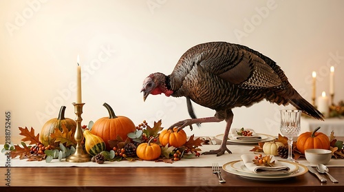 A live turkey standing on a festive thanksgiving dinner table with pumpkins and autumn decor