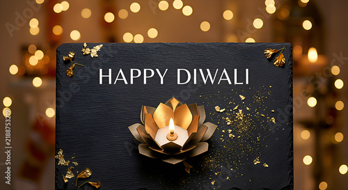 Elegant Lotus Shaped Golden Diya on Slate Slate with Happy Diwali Text