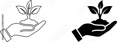 Set of hand holding a small plant icons representing environmental protection and sustainable growth concepts