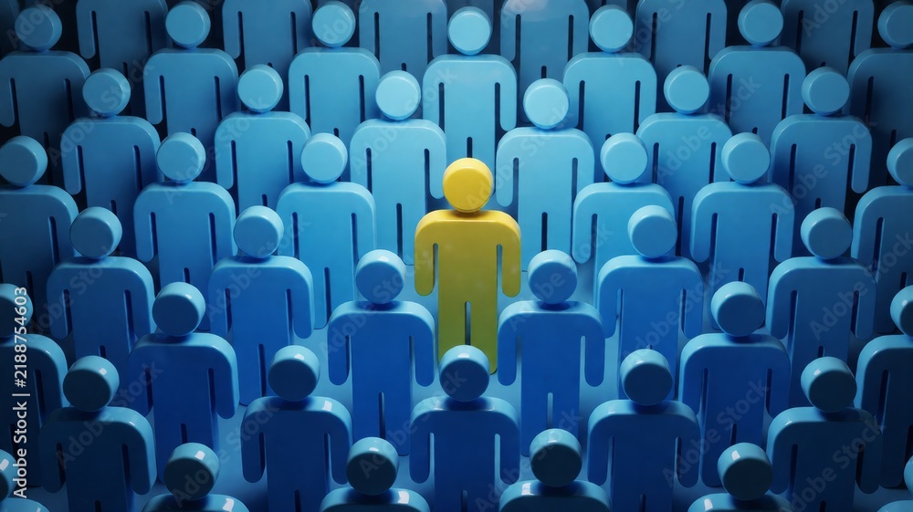 Obraz premium Unique Yellow Figure Standing Out from a Crowd of Blue Figures
