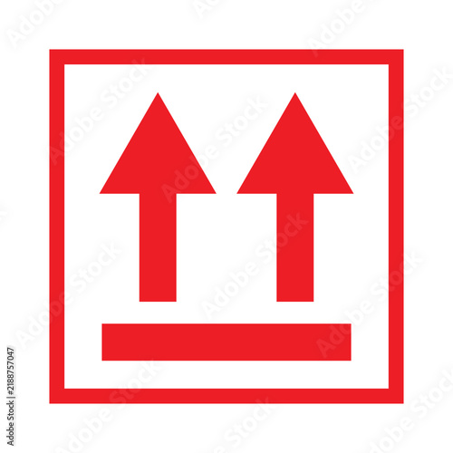 Red Package Orientation Symbol with Two Upward Arrows and Bold Rectangular Border, Universal Handling Mark for Shipping Containers, Warehouses, Freight and Logistics