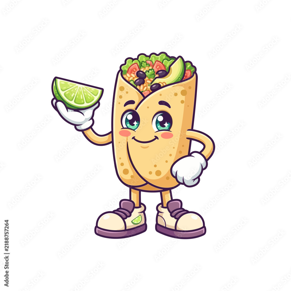Obraz premium A cheerful cartoon burrito character stands wearing sneakers while holding a fresh green lime wedge snack that represents a fun mascot design for restaurant menu promotion or healthy dining