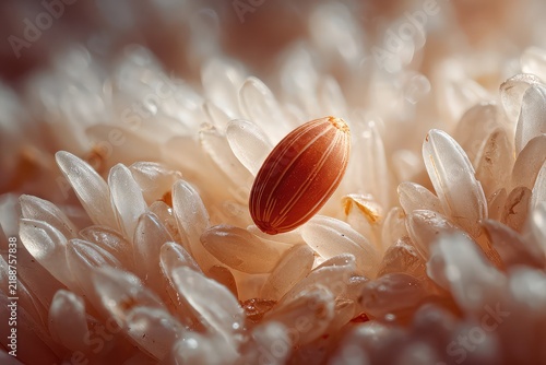 A macro shot of a single grain of uncooked rice