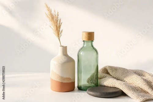 Clean studio shot of a minimalist still life with a terracotta ceramic vase, dried grass, green glass bottle with wooden cap, dark stone, and a knitted textile isolated on a white background.