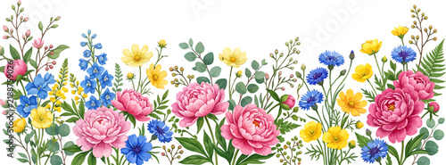 Watercolor floral border with pink peonies blue cornflowers and yellow wildflowers isolated on a white background