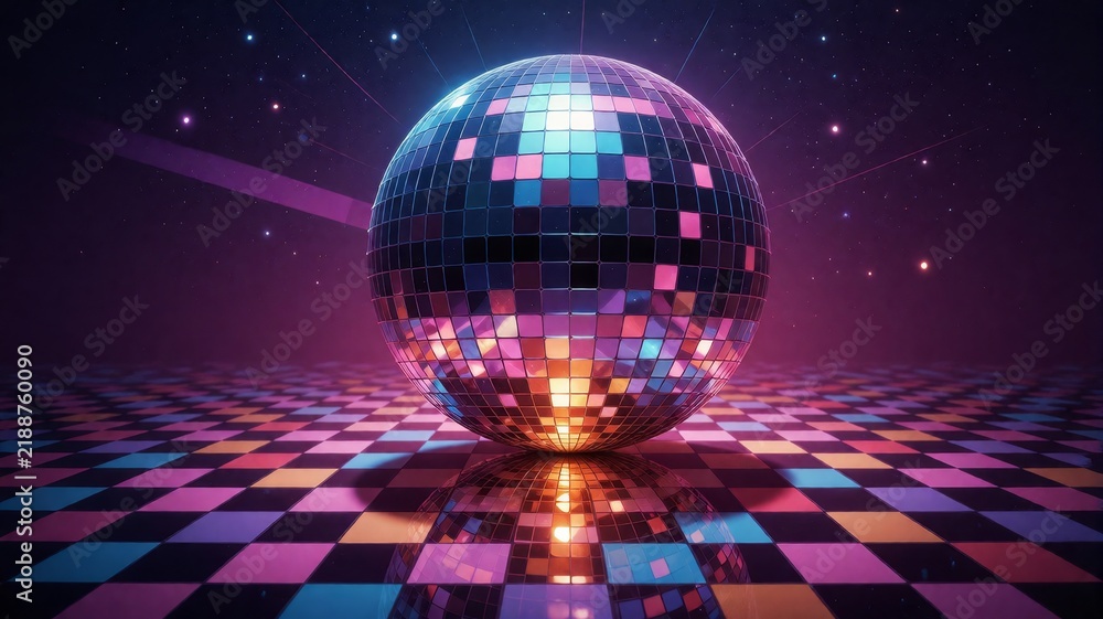 Obraz premium Disco ball glowing on a colorful checkered dance floor in space