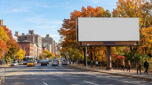 Urban Autumn Street Scene With Blank Billboard Advertising Space Available