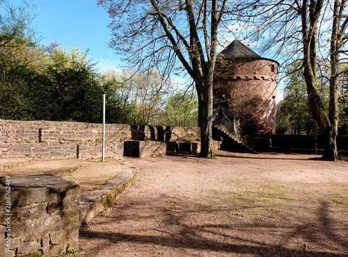 Empty historic courtyard with round tower and copy space
