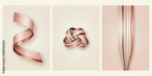 Three beige panels featuring soft pink ribbons and interwoven knots on light cream background