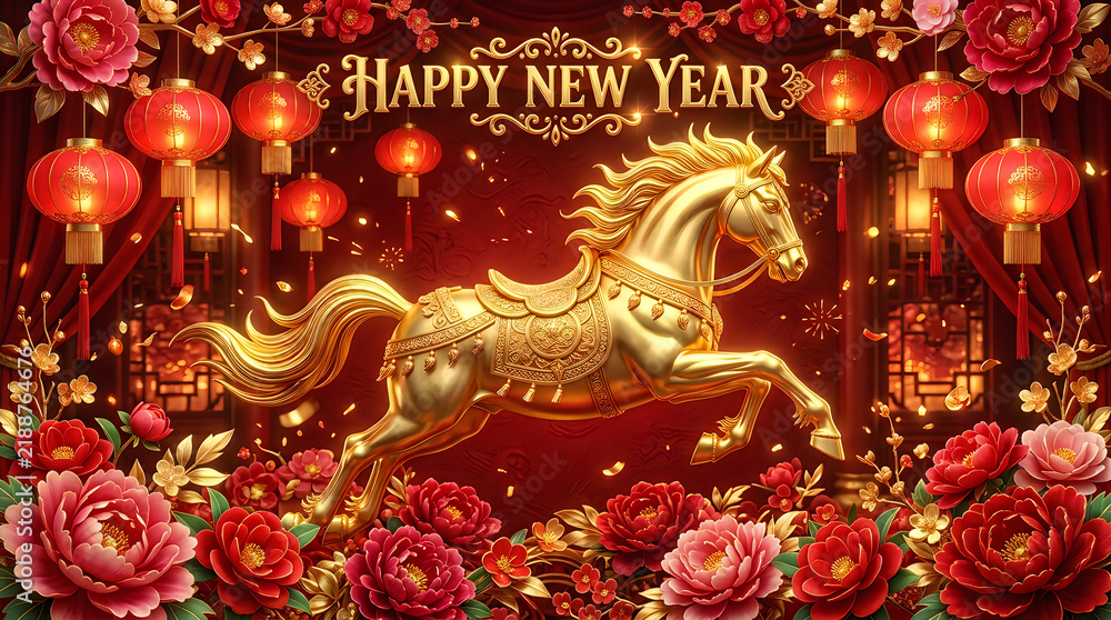 Fototapeta premium A golden horse statue surrounded by red flowers and lanterns for chinese new year celebration