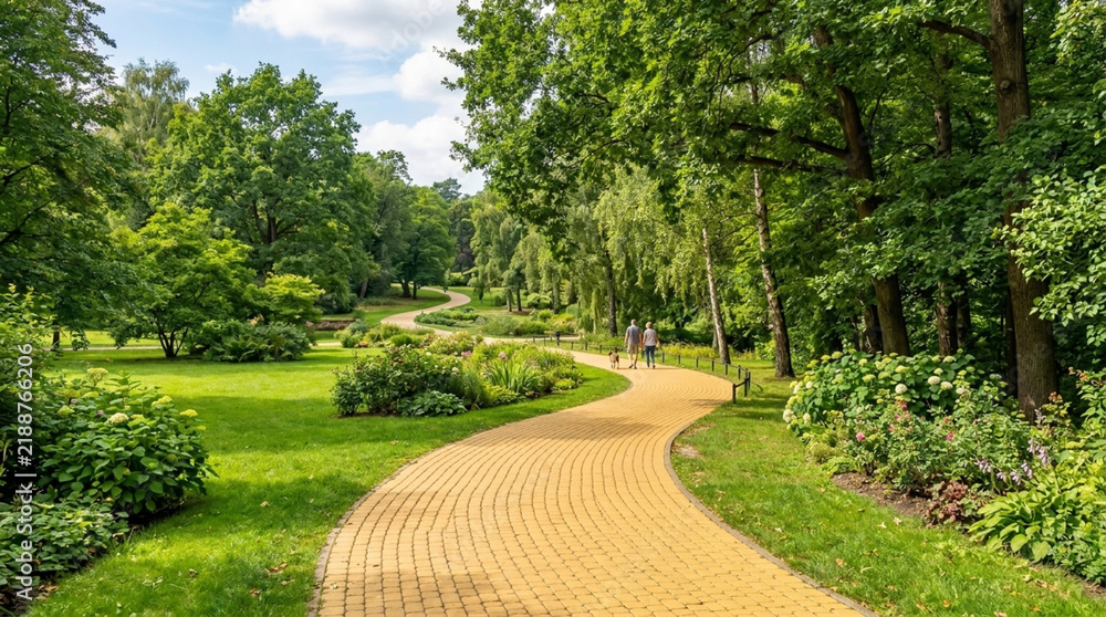 Fototapeta premium Scenic Park Pathway With People Enjoying A Gentle Stroll Among Lush Greenery