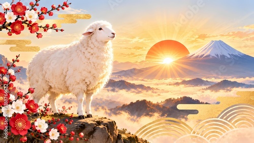 富士山と初日の出を望む羊の干支飾り / Sheep and plum blossoms with Mt Fuji and sunrise (Generative AI)