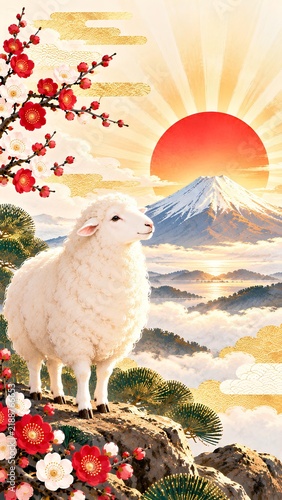 富士山と日の出を背景に立つ羊 / White sheep standing with Mount Fuji and sunrise background (Generative AI)
