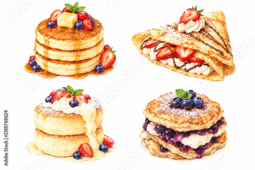 A collage of sweet breakfast desserts featuring pancakes and crepes with fresh berries.