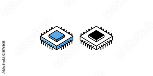 Foto Isometric computer processor chip icon in colored and black line versions