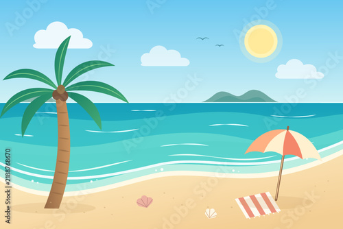 Tropical beach landscape illustration with palm tree, sun, ocean waves, umbrella, and striped towel on sand, flat cartoon background vector
