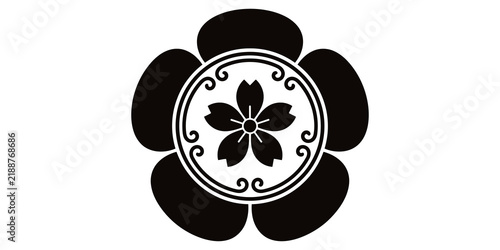 Fotografie Black traditional Japanese cherry blossom family crest symbol with ornate circular frame