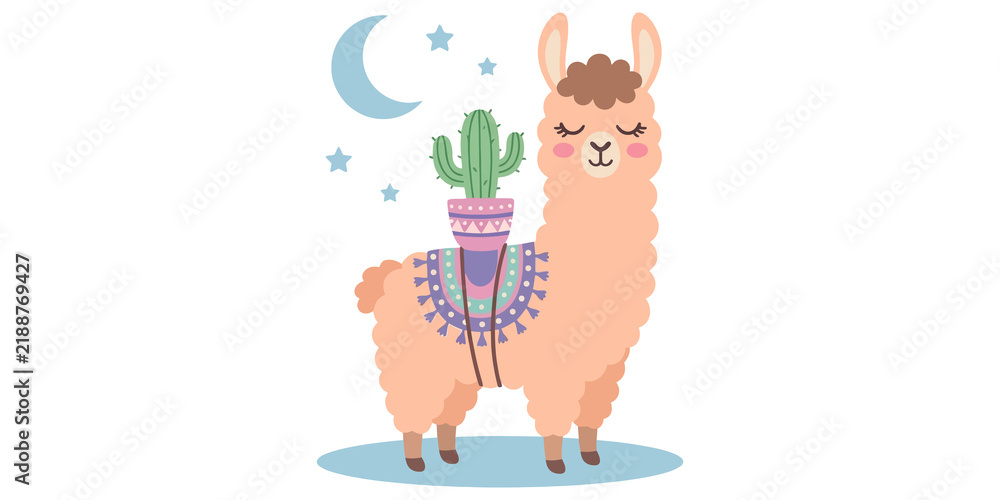Fototapeta premium Cute cartoon llama with cactus, crescent moon, and stars on a whimsical background.
