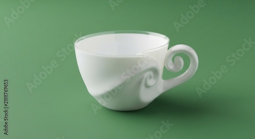 Clean studio shot of a modern white ceramic tea or coffee cup with organic shell-like curves and a decorative spiral handle isolated on a green background.