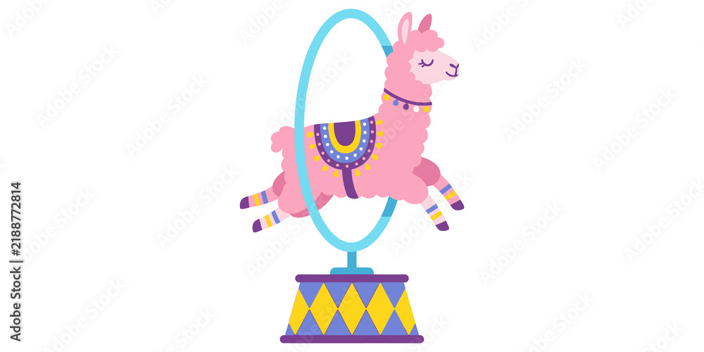 Fototapeta premium Llama character jumping through circus hoop illustration for entertainment and carnival themes.