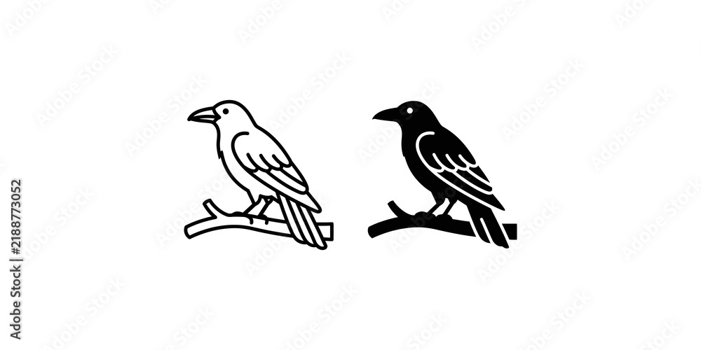 Obraz premium Raven bird perched on tree branch icons featuring detailed outline and solid black silhouette for wildlife design.