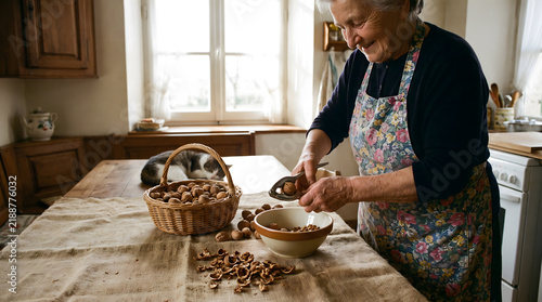 Elderly woman cracking walnuts with nutcracker into bowl on wooden table
