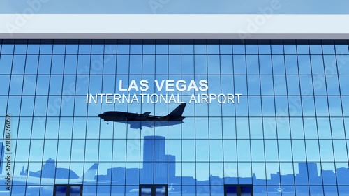 Commercial passenger airplane landing at Las Vegas Airport, featuring the airport terminal and aviation infrastructure, ideal for air travel, tourism, airport arrivals, transportation, and travel cont
