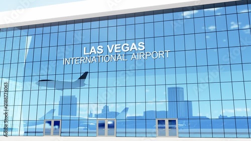 Commercial passenger airplane landing at Las Vegas Airport, featuring the airport terminal and aviation infrastructure, ideal for air travel, tourism, airport arrivals, transportation, and travel cont