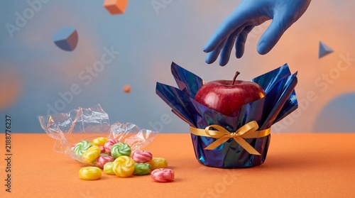 Hand in blue glove reaching for a red apple in decorative wrapping  