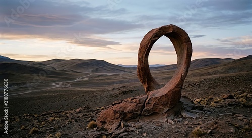 Cinematic landscape of a unique curved rock arch formation in a vast desert valley during a moody sunset.