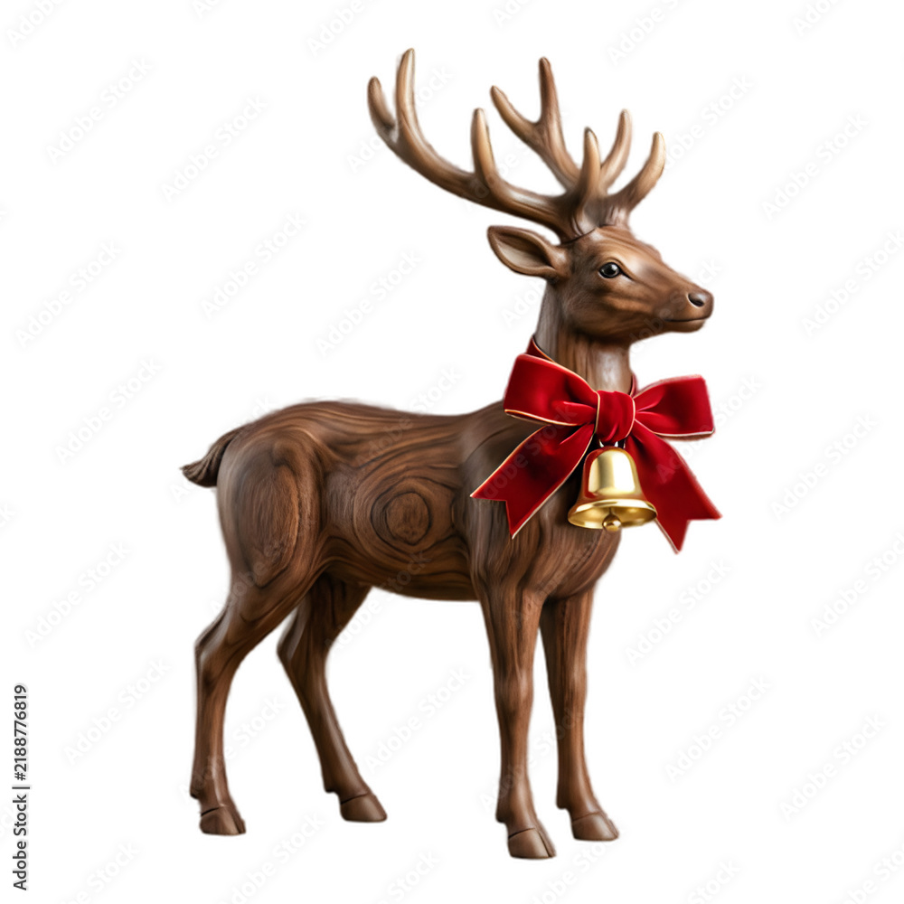 Obraz premium Brown decorative reindeer figurine with a red bow and gold bell for christmas holiday decoration