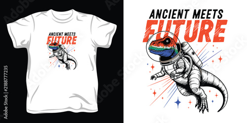 Ancient meets future dinosaur astronaut vector design features colorful tyrannosaurus rex in space suit for creative apparel and poster prints.